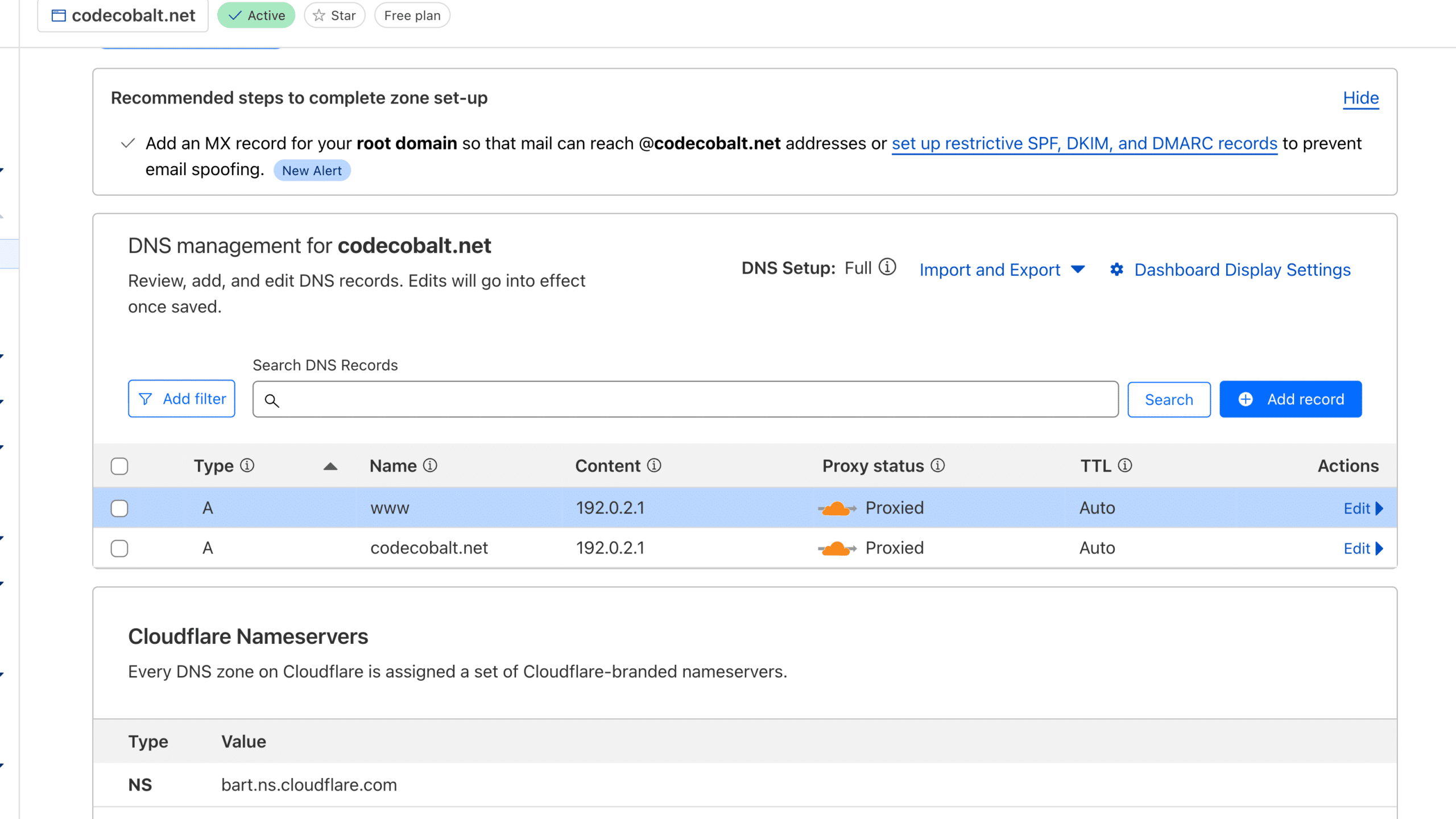 Cloudflare DNS records complete