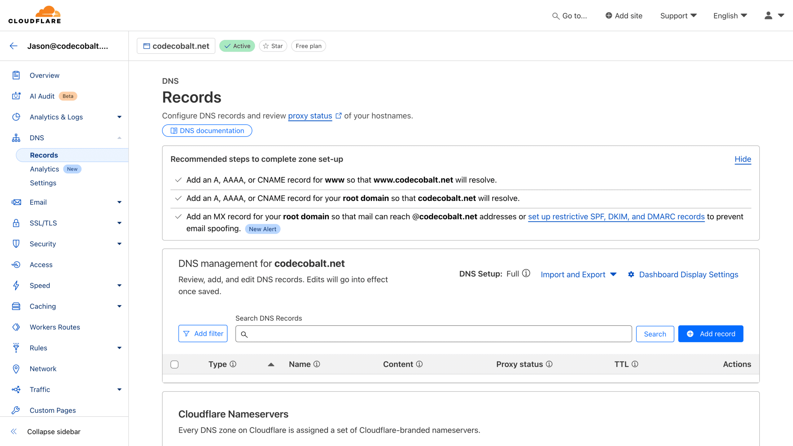 Cloudflare DNS records empty