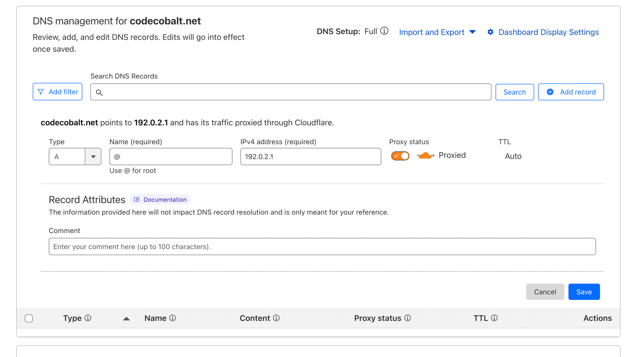 Cloudflare DNS root A record