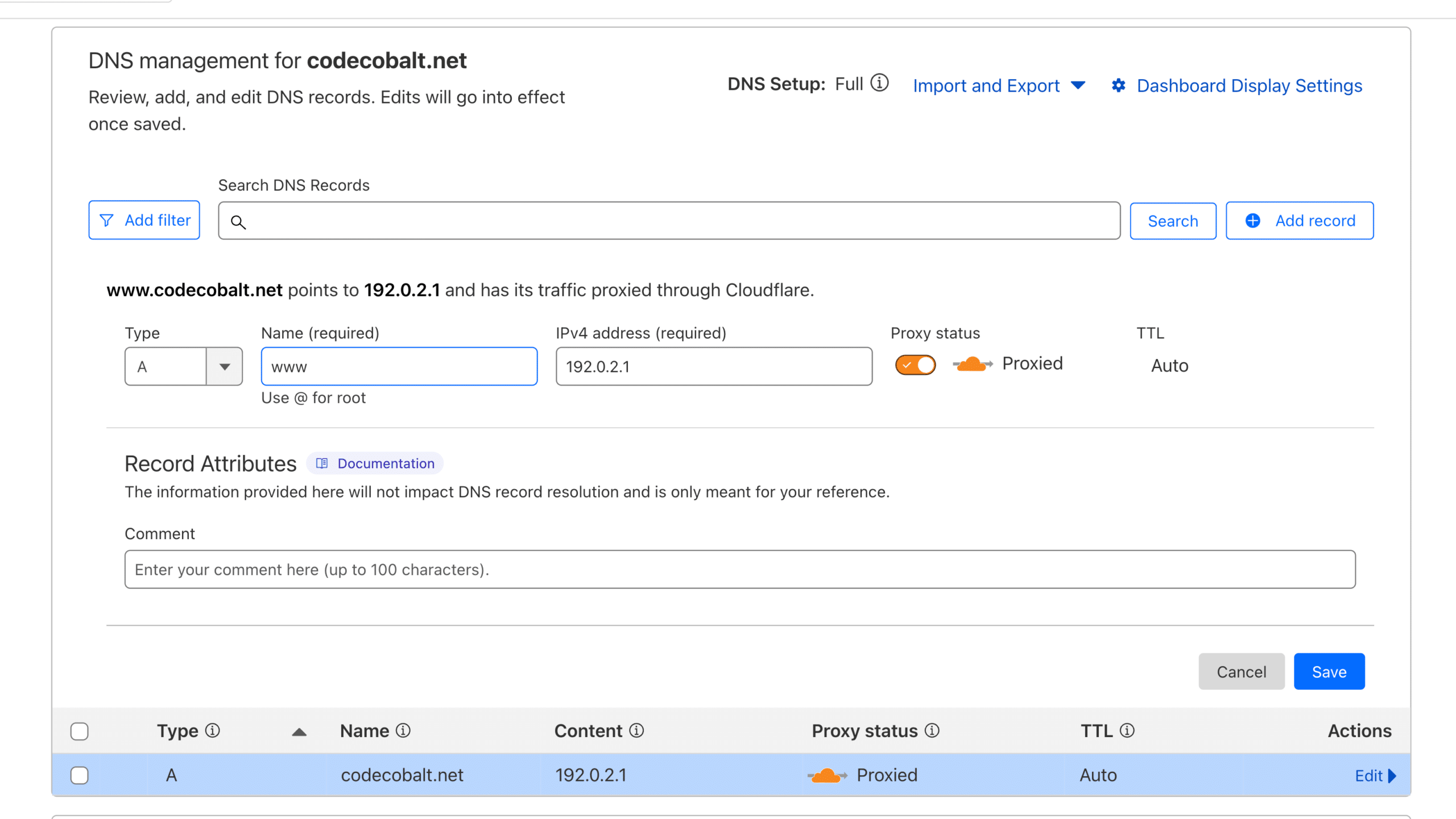 Cloudflare DNS root www record
