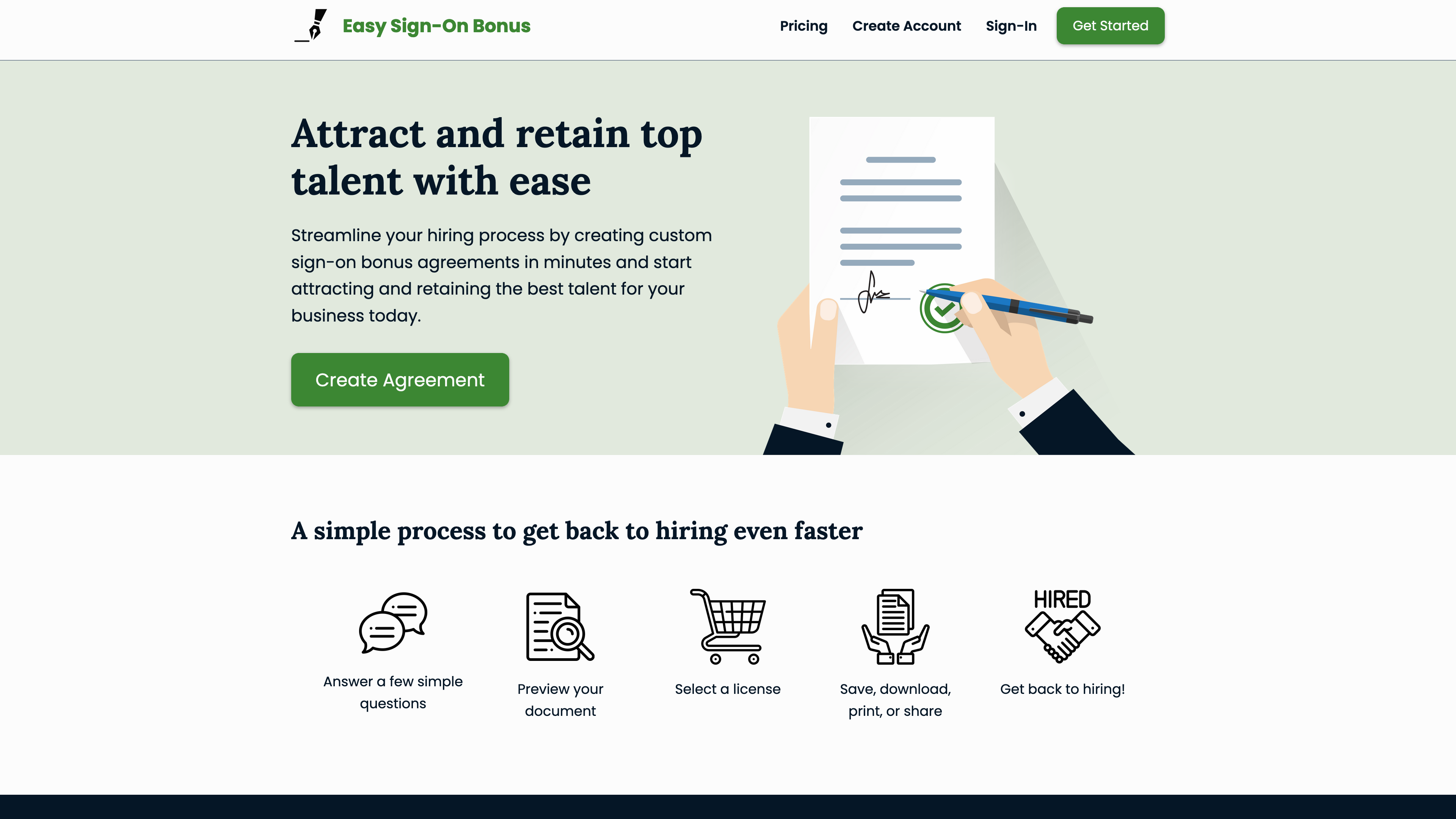 Easy Sign-On Bonus - A legal tech SaaS platform for creating professional sign-on bonus agreements and HR documents through an intuitive Q&A workflow.