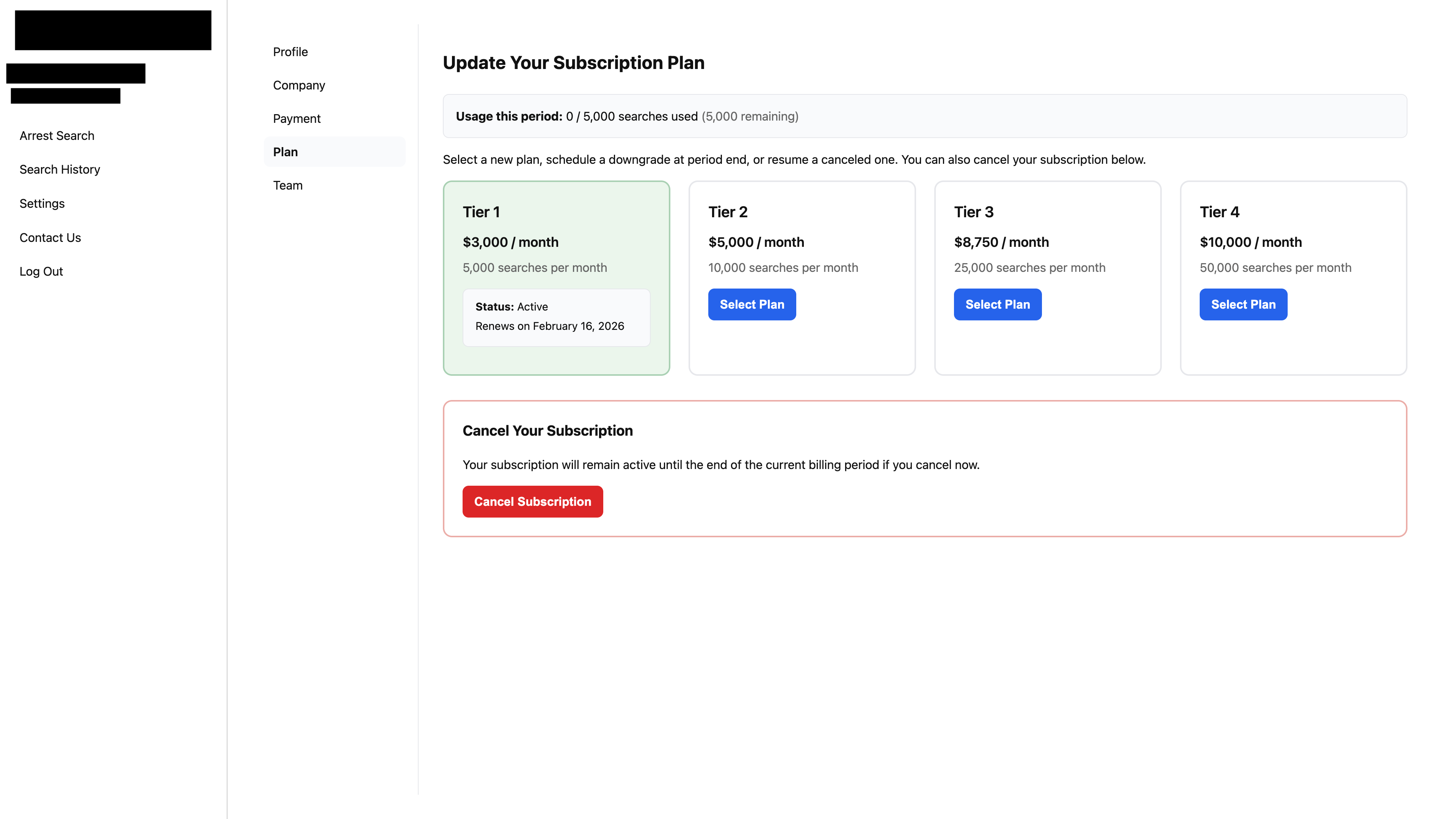 State Crime Data - Custom web application for selling arrest data with tiered volume-based pricing, corporate account management, and comprehensive search functionality.